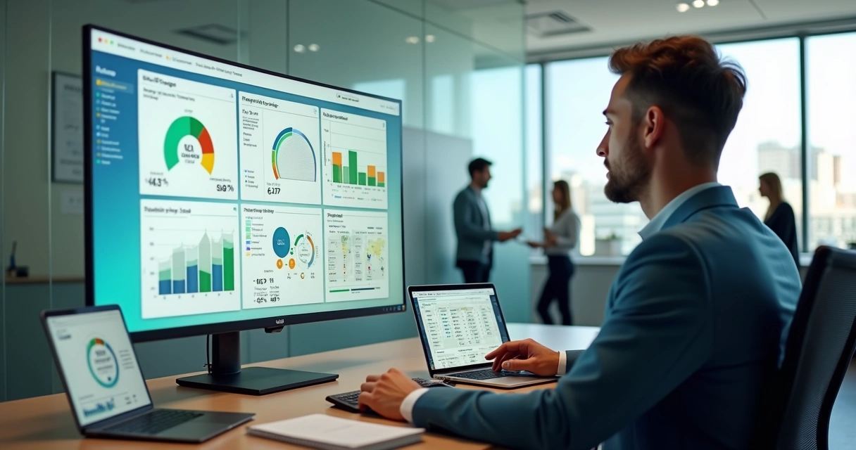 Gestor imobiliário analisando painel de previsão de churn no computador 