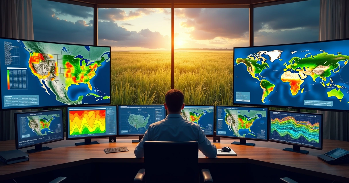 Mapa de previsão do tempo agrícola com destaque para áreas de milho e gráficos de produção