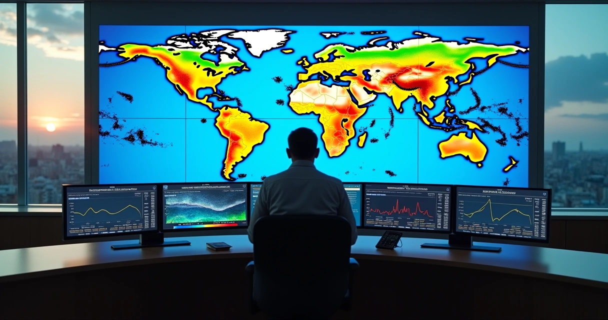 Meteorologista analisa painel digital com mapa climático e gráficos de previsão para 2026 