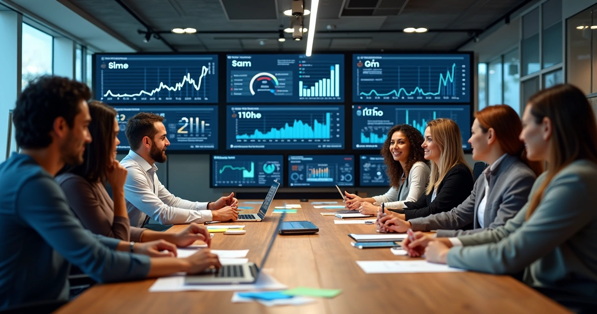 Pessoas analisando computadores em uma mesa em ambiente de trabalho moderno 