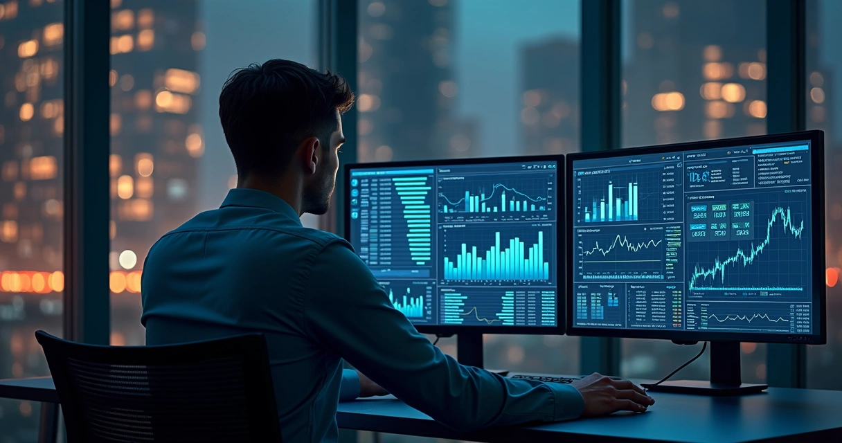 Gráfico de dados financeiros e indicadores em uma tela de computador moderno 