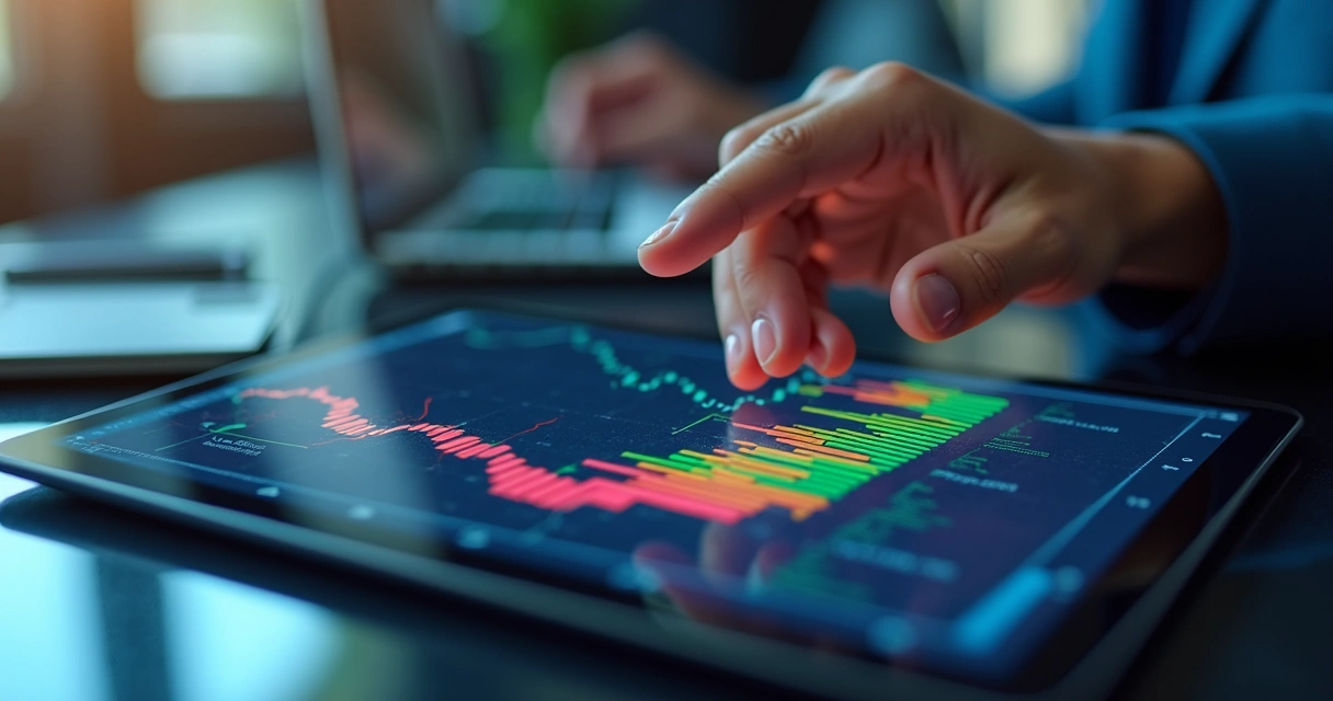 Visualização de dados de mercado com gráficos em tela digital e mão apontando tendência