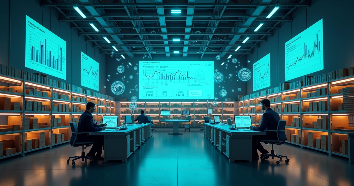 Gráfico digital analisando estoque com produtos em prateleiras 