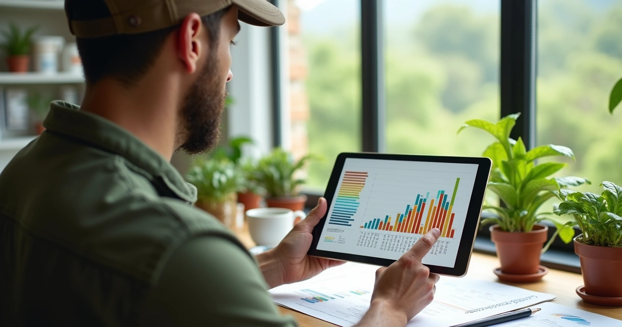 Gráfico colorido analisado por agricultor com tablet 