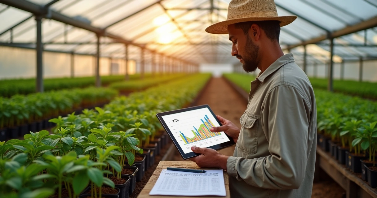 Produtor analisando gráficos de demanda de mudas em tablet dentro de viveiro de café e cacau 