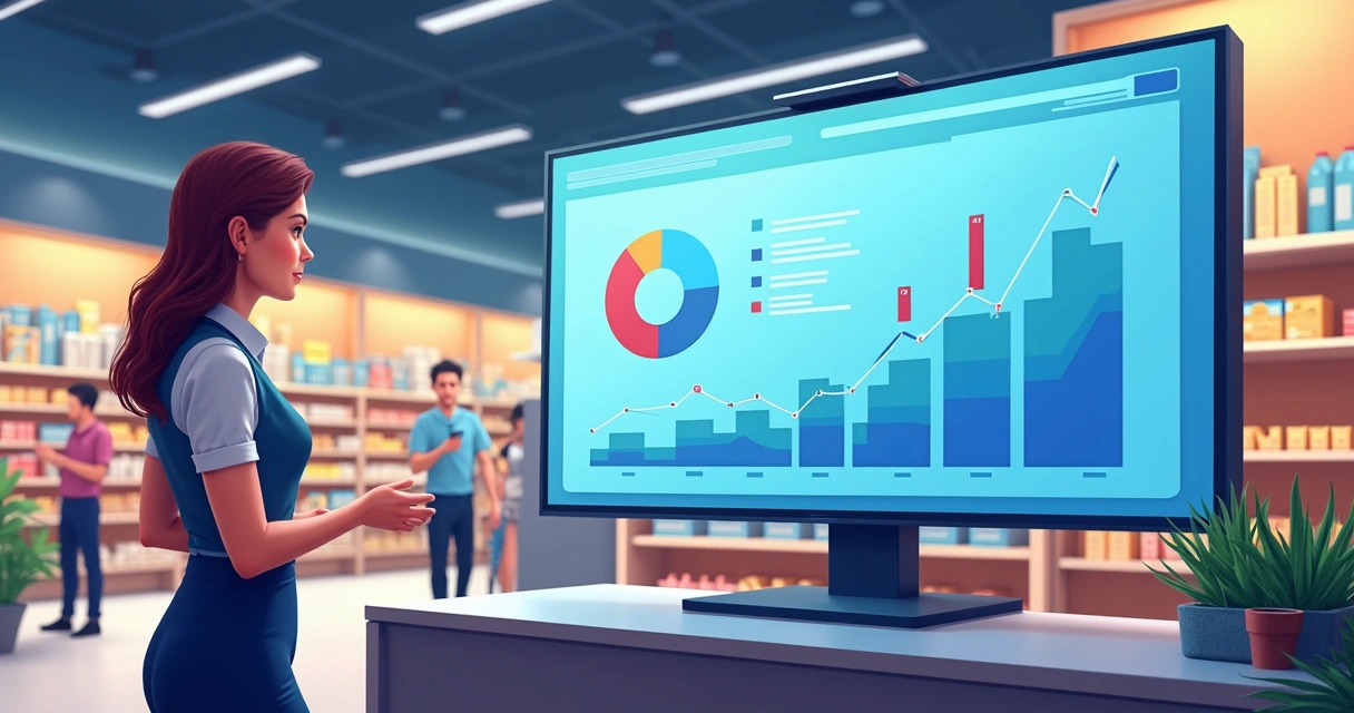 Gestora analisando gráficos de vendas em tela grande de loja 