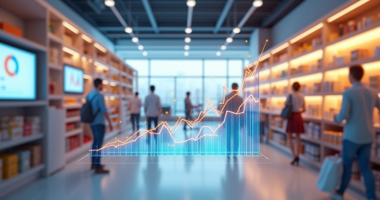Gráfico 3D de previsão de demanda em loja de varejo, com estoques visíveis e linhas de tendência 