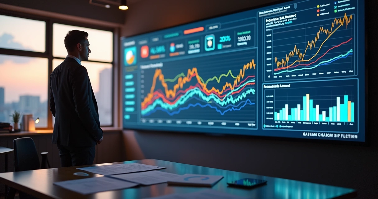 Gestor analisando previsões de vendas geradas por IA 