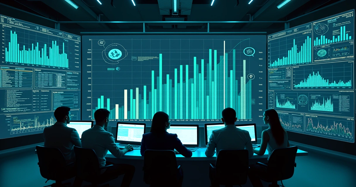 Dashboard com gráficos de estoque crescendo, linhas coloridas e IA destacada na tela 