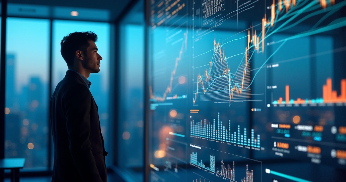 Homem analisando gráficos financeiros futuristas em tela transparente