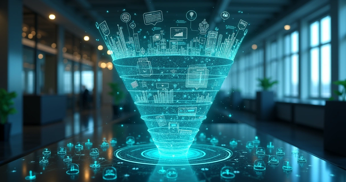 Ilustração de dados de vendas com funil integrando IA e indicadores 