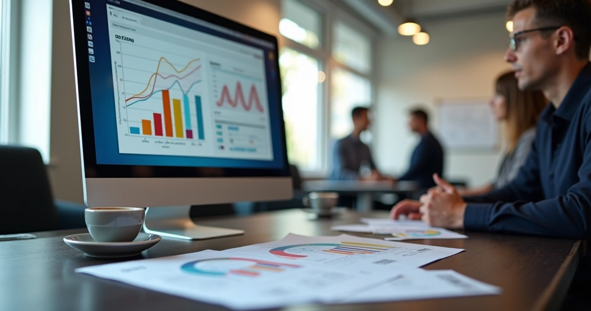 Gráfico de funil de vendas junto a indicadores de previsão em tela de computador 