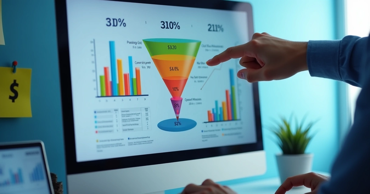 Tela de computador com gráficos de vendas, funil colorido, mão apontando dados 