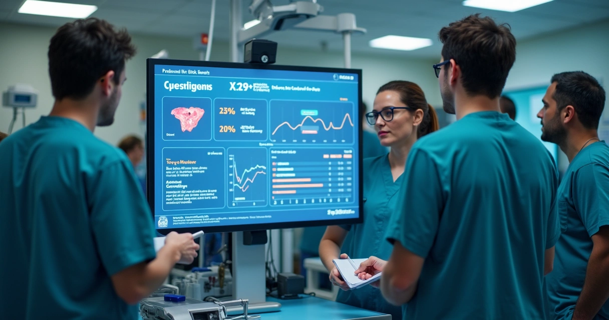 Tela digital exibindo previsão de risco com IA em ambiente hospitalar, trabalhadores atentos ao redor 