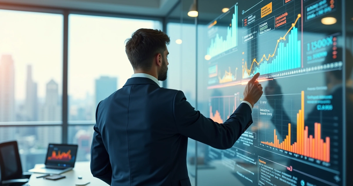 Profissional do ramo imobiliário analisando um painel inteligente com gráficos de tendências de mercado 