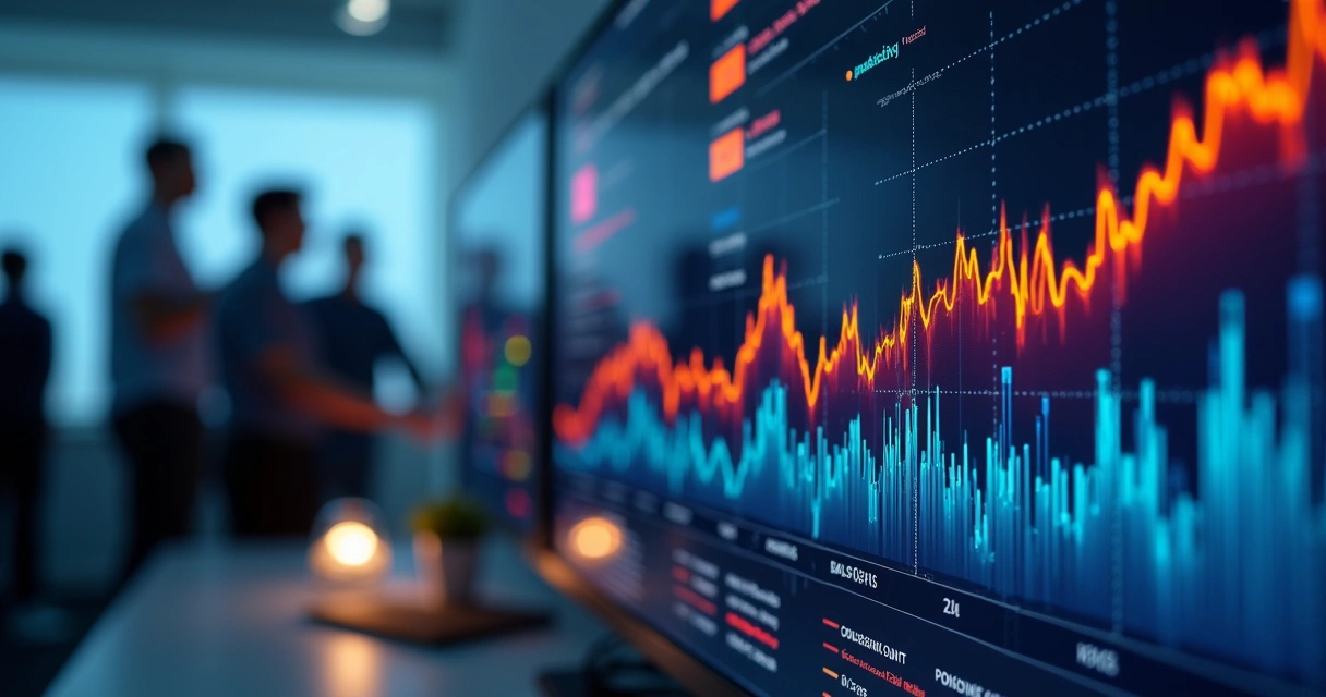 Gráfico colorido com linhas subindo mostrando análise preditiva em painel de TI