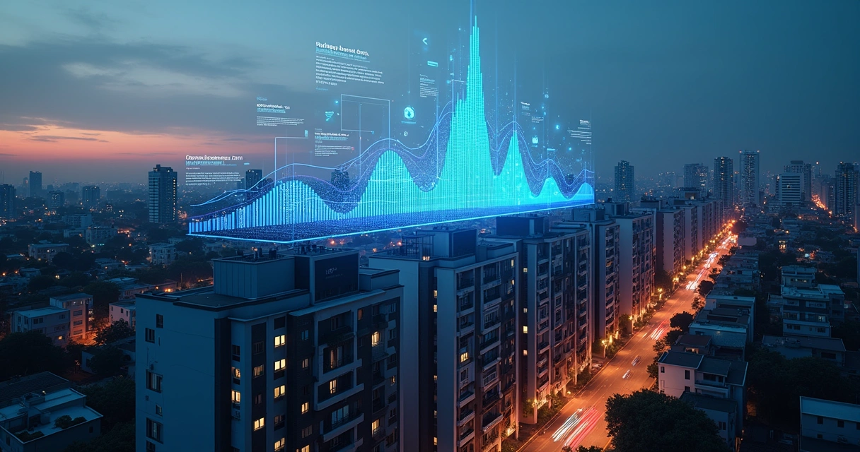 Gráfico luminoso de demanda por imóveis emergindo de um quarteirão urbano noturno 