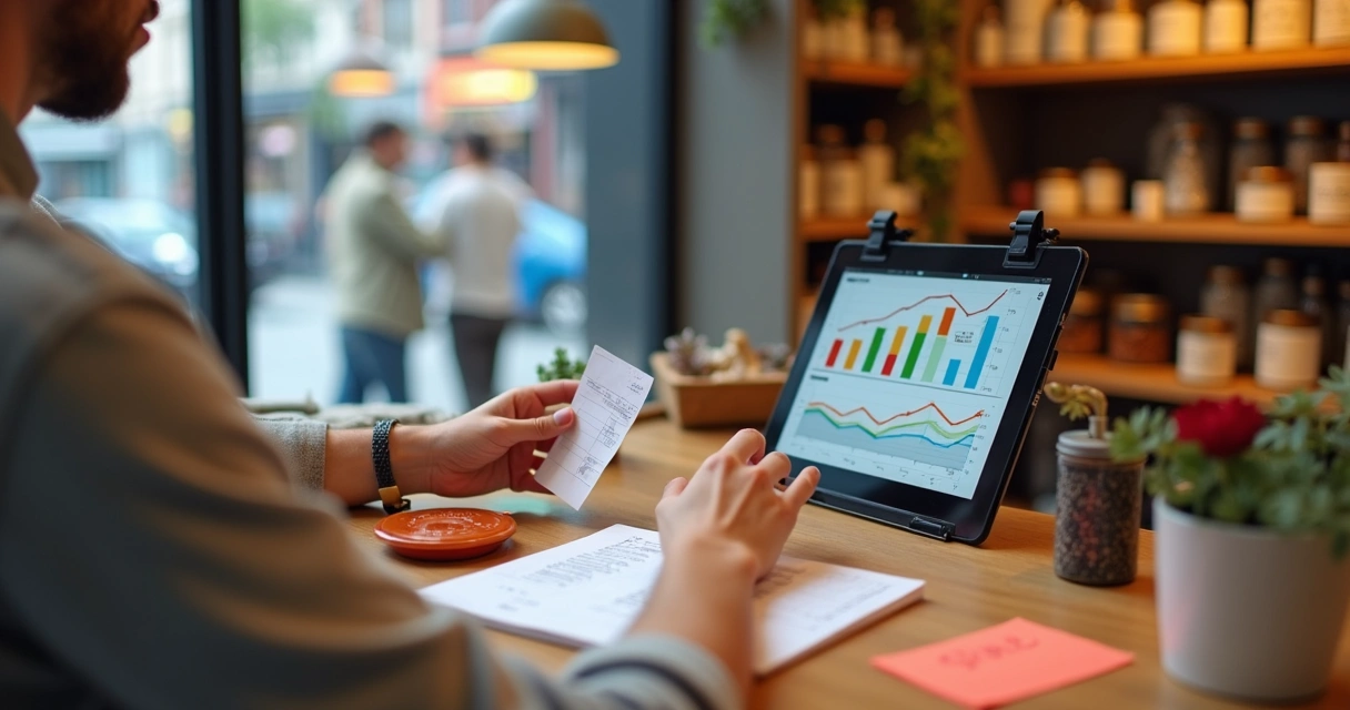 Dono de loja analisando gráficos de vendas em tablet 