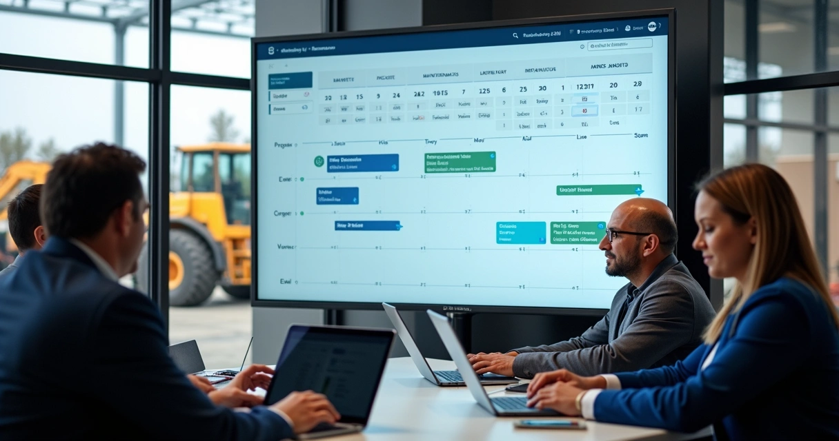 Tela digital exibindo calendário com datas previstas de manutenção em máquinas pesadas, operadores avaliando e programando serviços. 