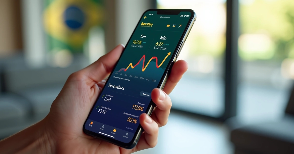 Tela de smartphone mostrando gráfico de mercado de Sim e Não com valores e probabilidades em reais e ícones de PIX e Brasil ao fundo 