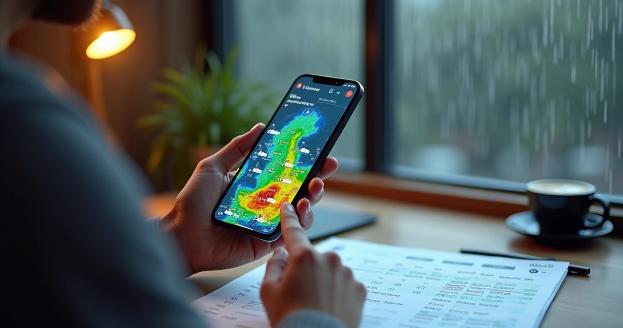 Pessoa analisando mapa de previsão meteorológica no celular e fazendo aposta