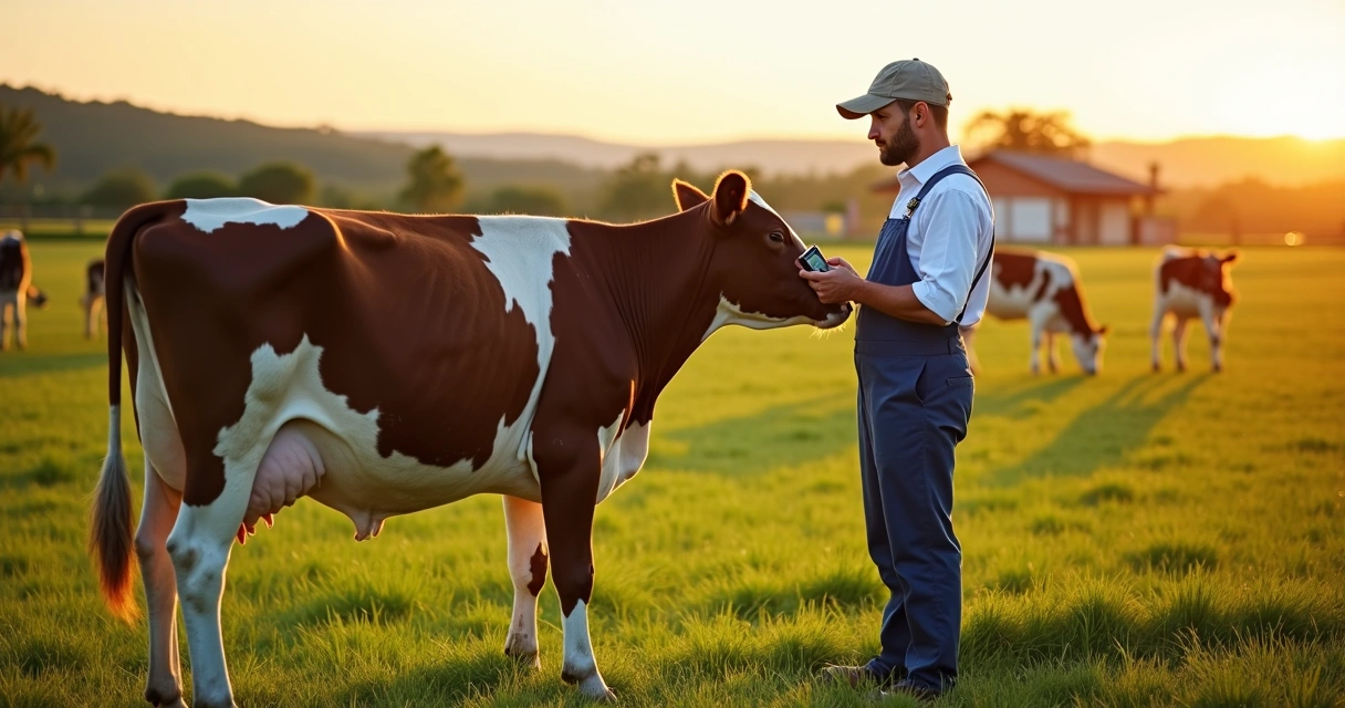 Produtor rural observando vaca prenha em pasto enquanto consulta previsão de parto no celular 