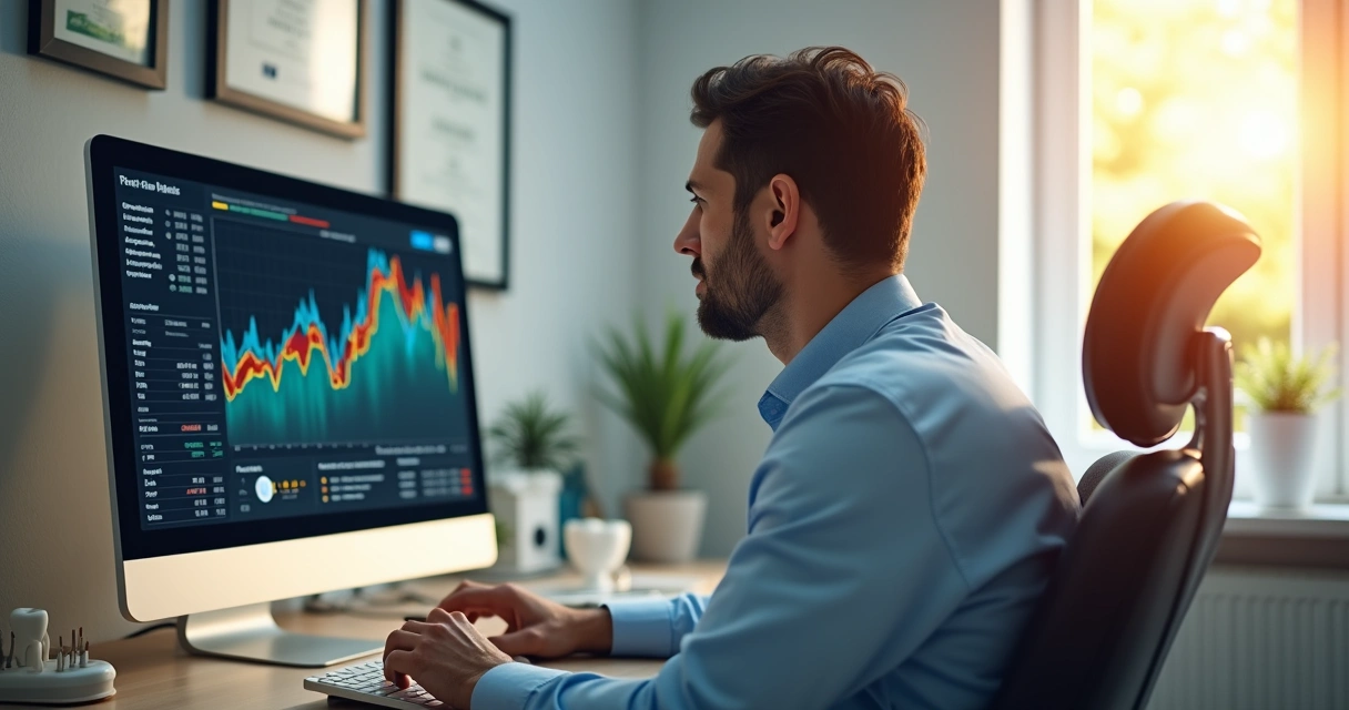 Dentista analisando gráficos financeiros em computador