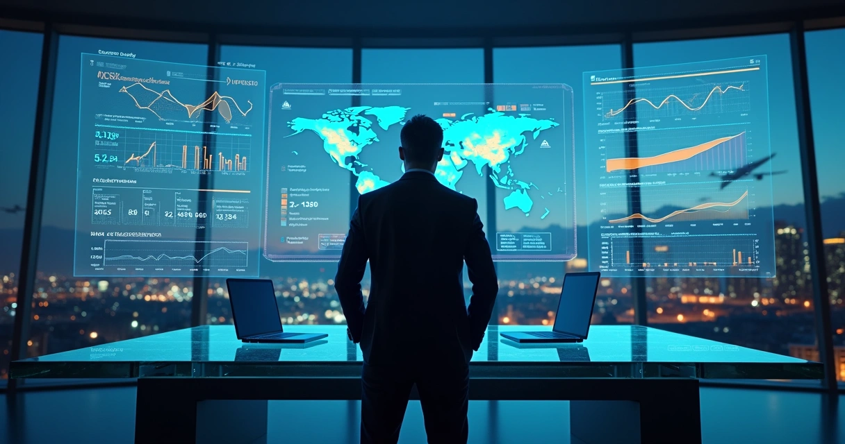 Analista observando projeções de tarifas aéreas em gráfico holográfico futurista 