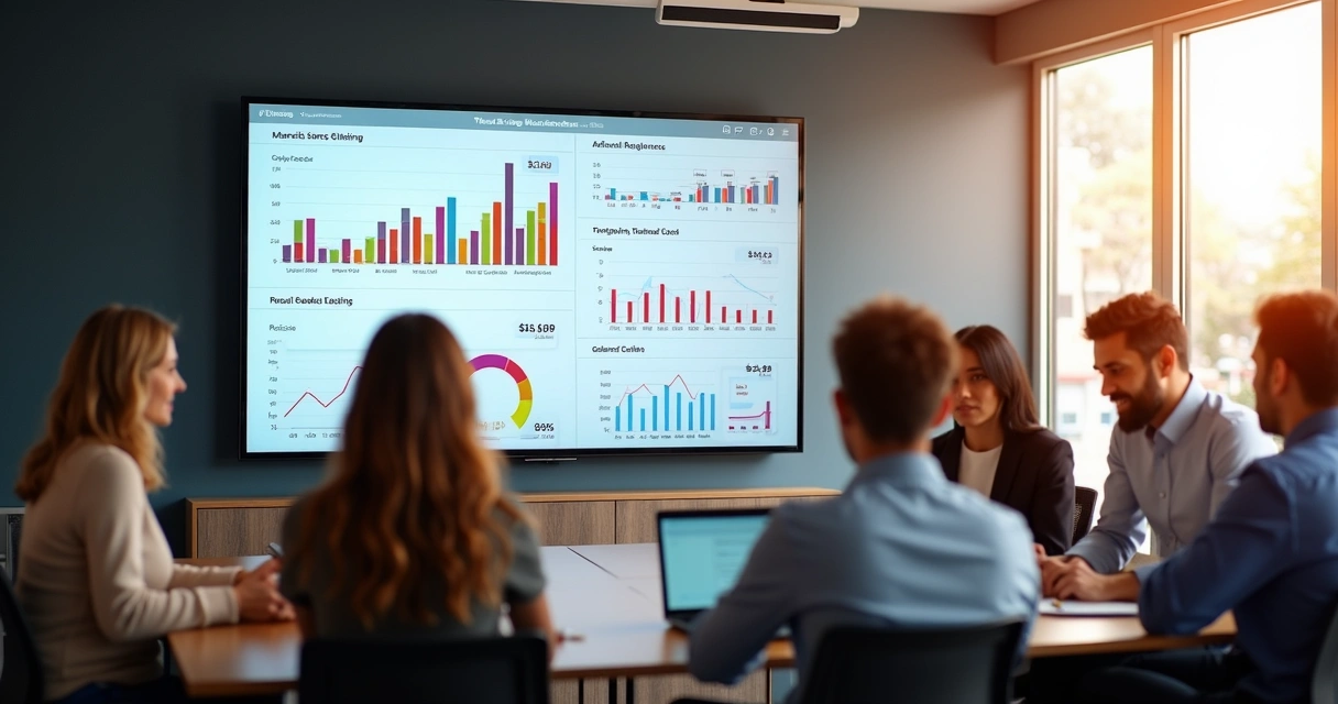 Painel comercial com gráficos de vendas e previsões em tempo real 