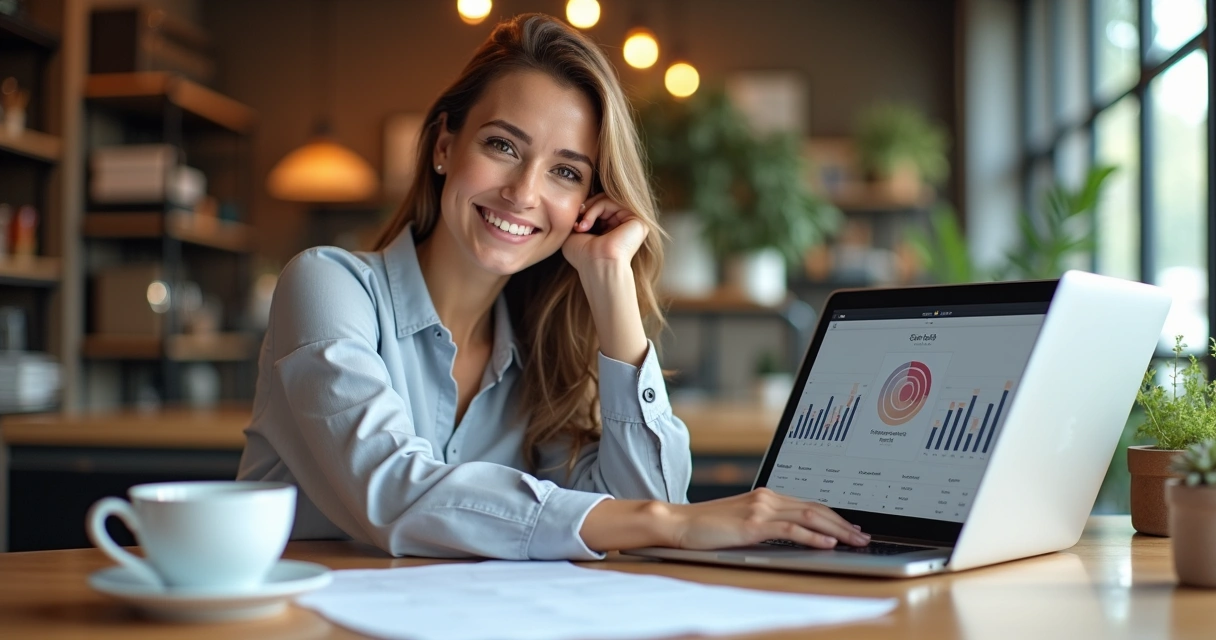 Dona de pequena empresa consultando previsão de vendas em um painel simples, sentada à mesa, confiante. 