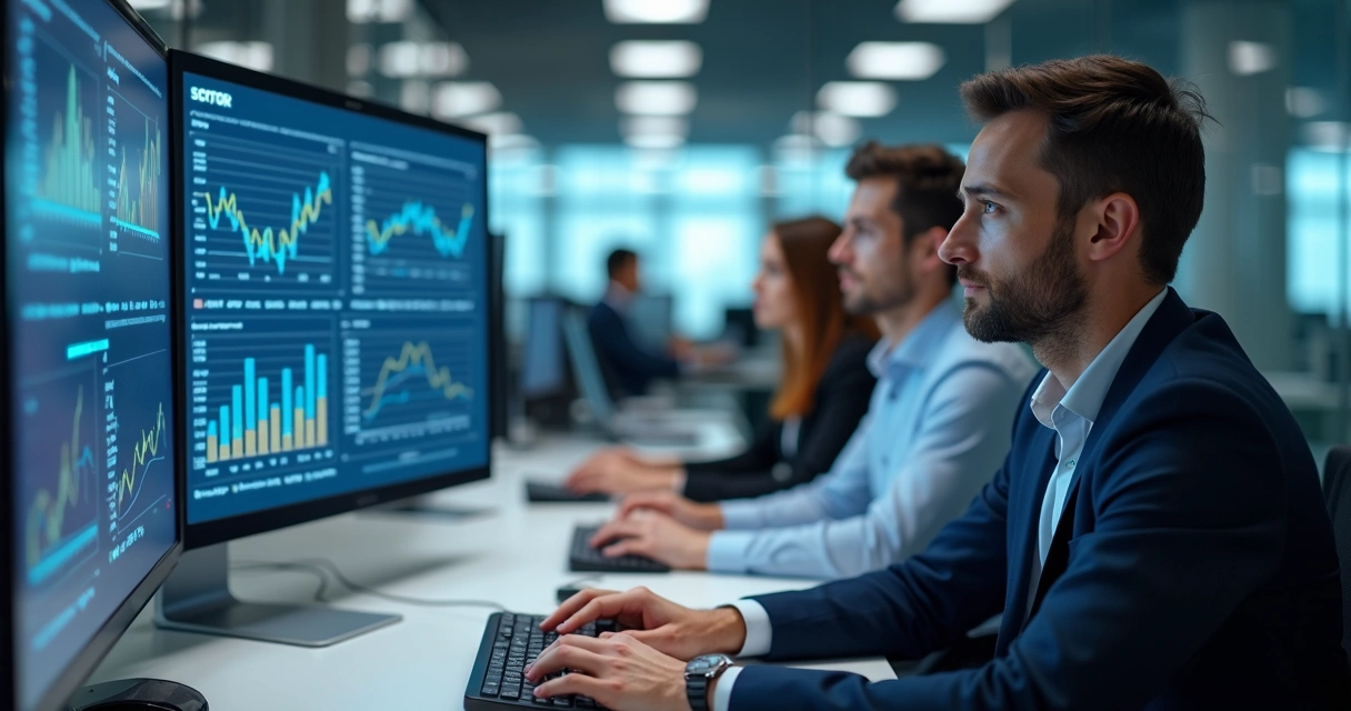 Equipe de vendas analisando previsões em diferentes setores 