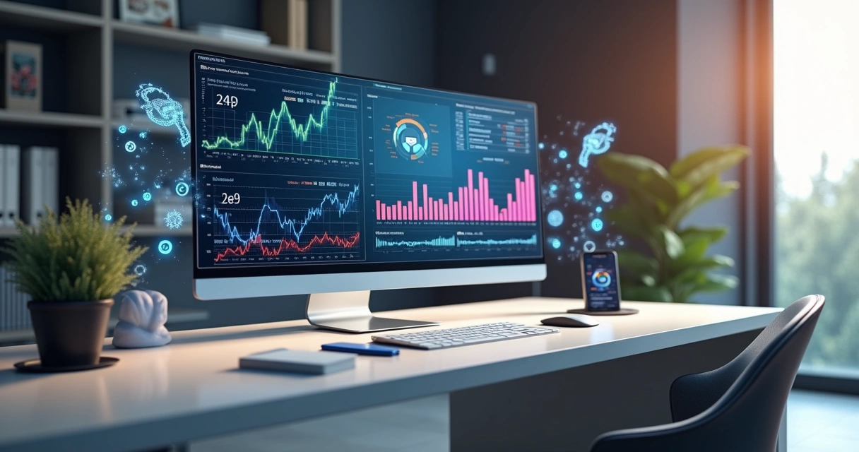 Computador exibindo gráficos de vendas e previsão no varejo com elementos de inteligência artificial e ambiente corporativo moderno 