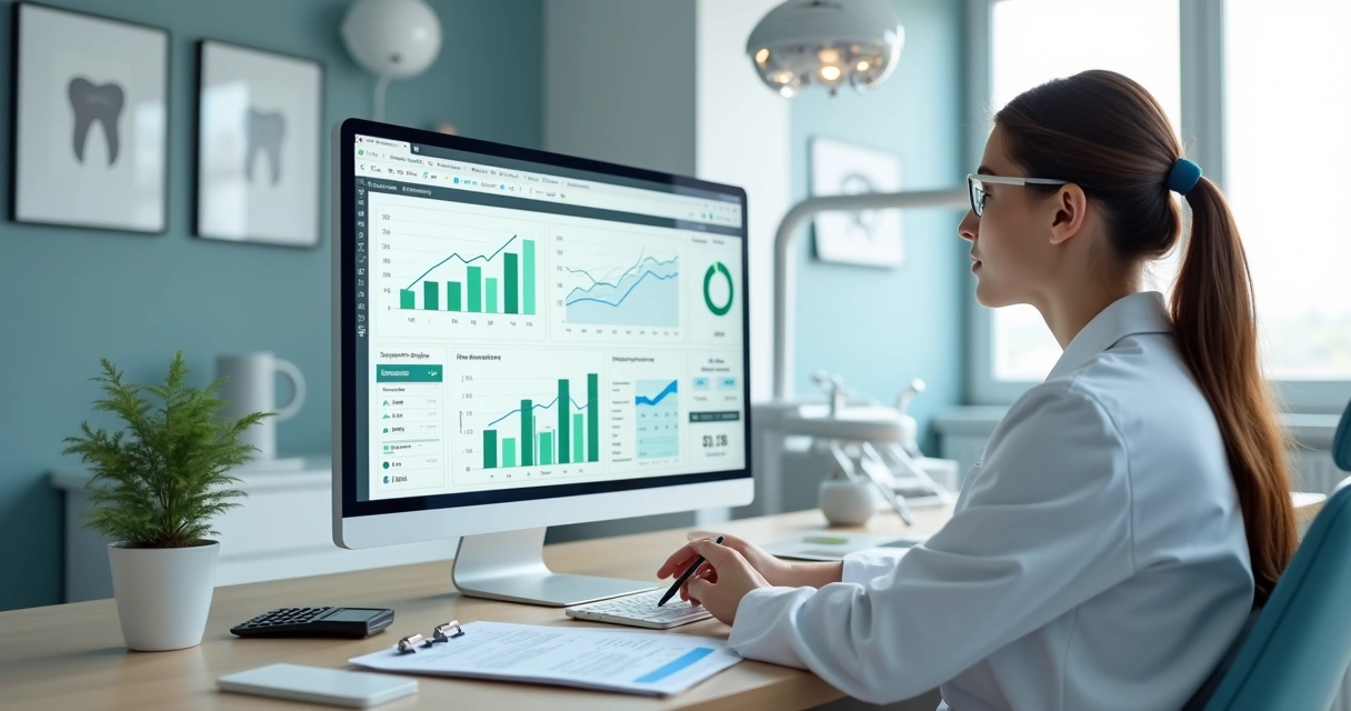Dentista analisa gráficos financeiros em clínica odontológica moderna 