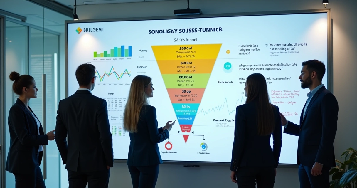 Funil de vendas e gráficos de conversão exibidos em tela grande por equipe de vendas 