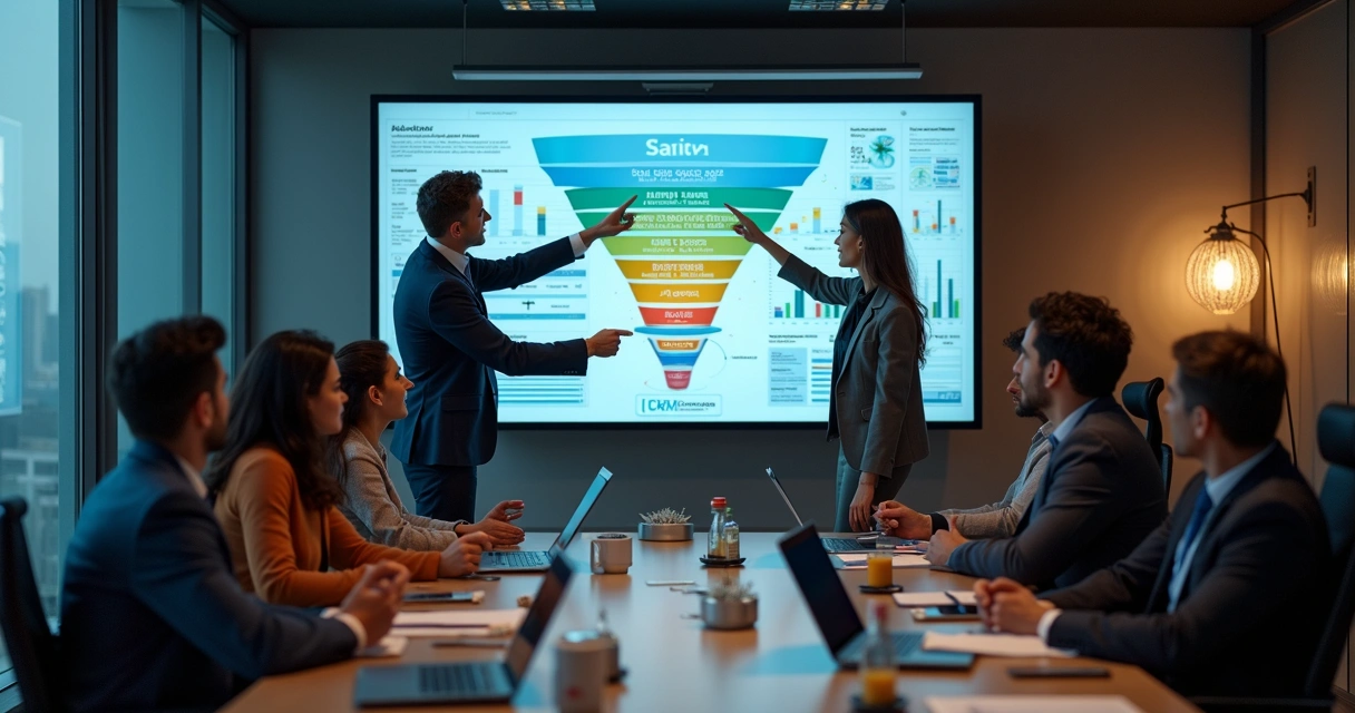 Equipe analisa funil de vendas projetado em tela moderna 