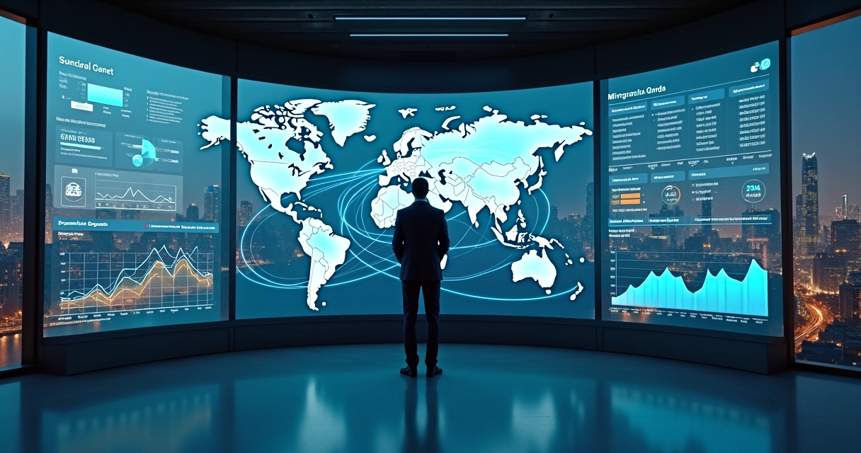 Gestor analisando painel digital de supply chain com previsões em tempo real 