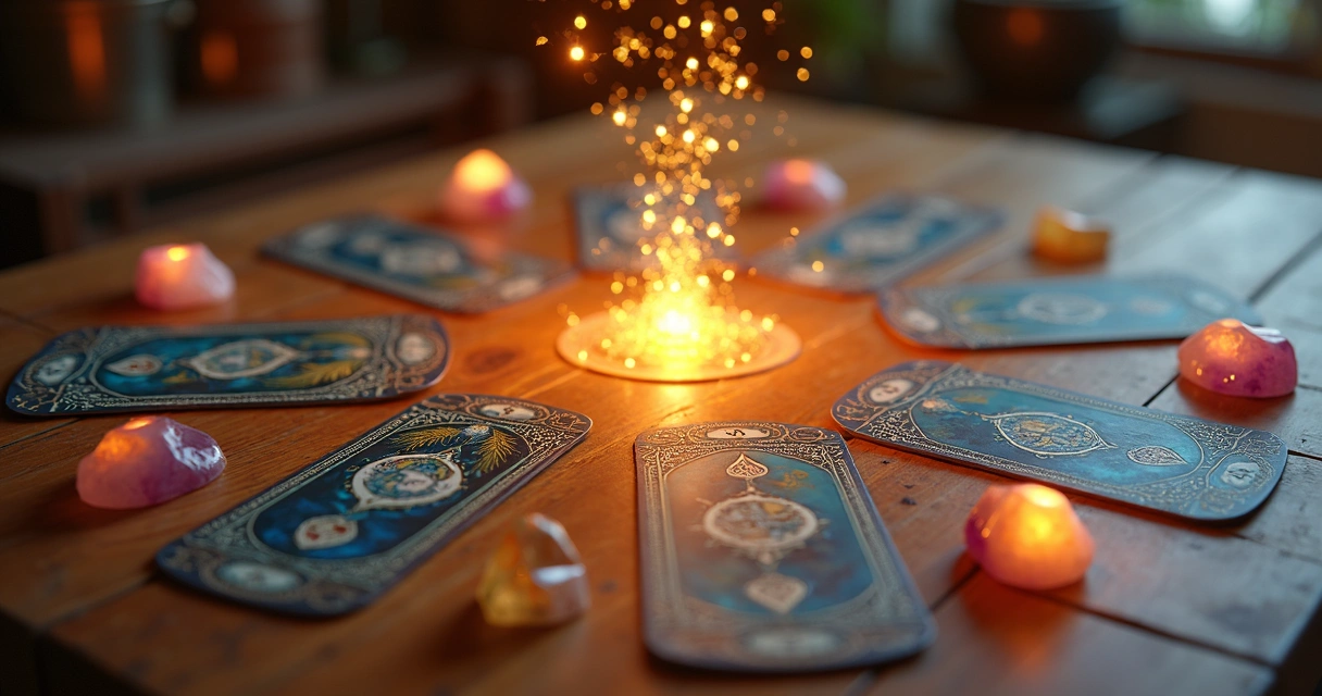 Cartas de tarot dispostas em círculo com cristais coloridos ao redor e luz dourada iluminando o centro 