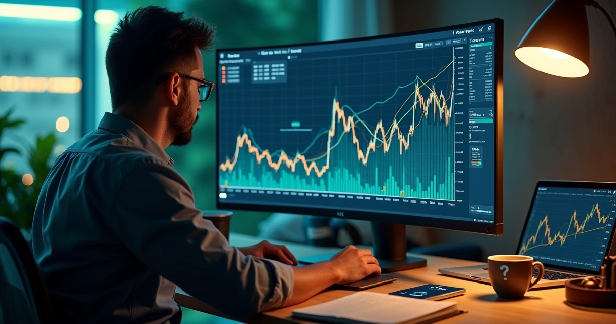 Investidor brasileiro analisando gráficos de longo prazo em tela com bandeira do Brasil ao fundo 