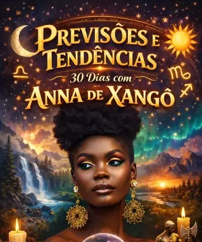 Mulher negra com cabelos afro e grandes brincos dourados em cenário místico com estrelas, lua crescente, sol e símbolos astrológicos