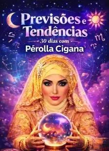 Mulher cigana usando lenço dourado segurando bola de cristal com signos astrológicos ao fundo