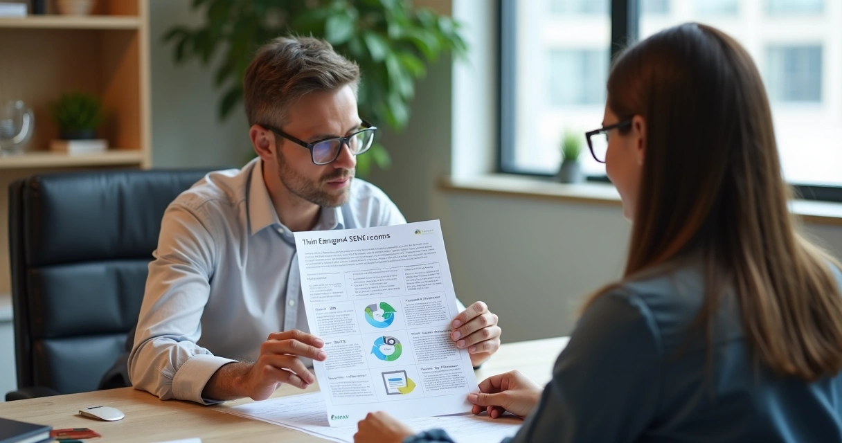 Consultor da Prézzo Consulting apresentando guia fiscal a empresário 