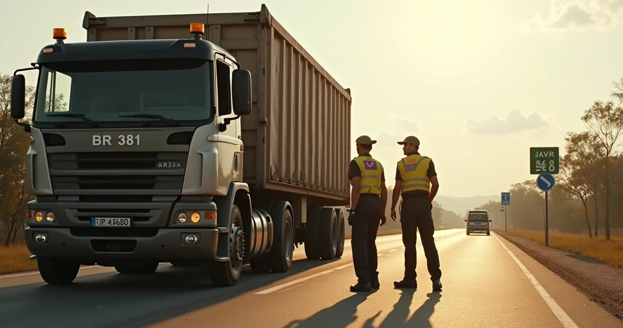 Policial rodoviário abordando motorista próximo a caminhão acidentado 
