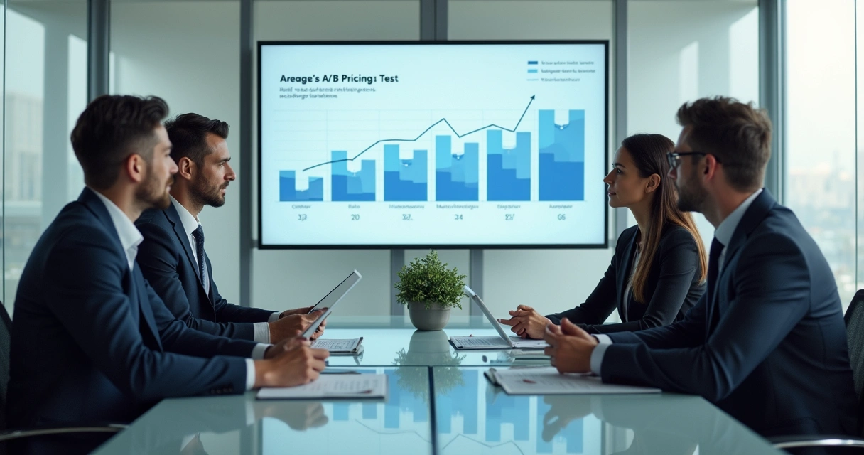 Team reviewing A B pricing test results in a meeting room 