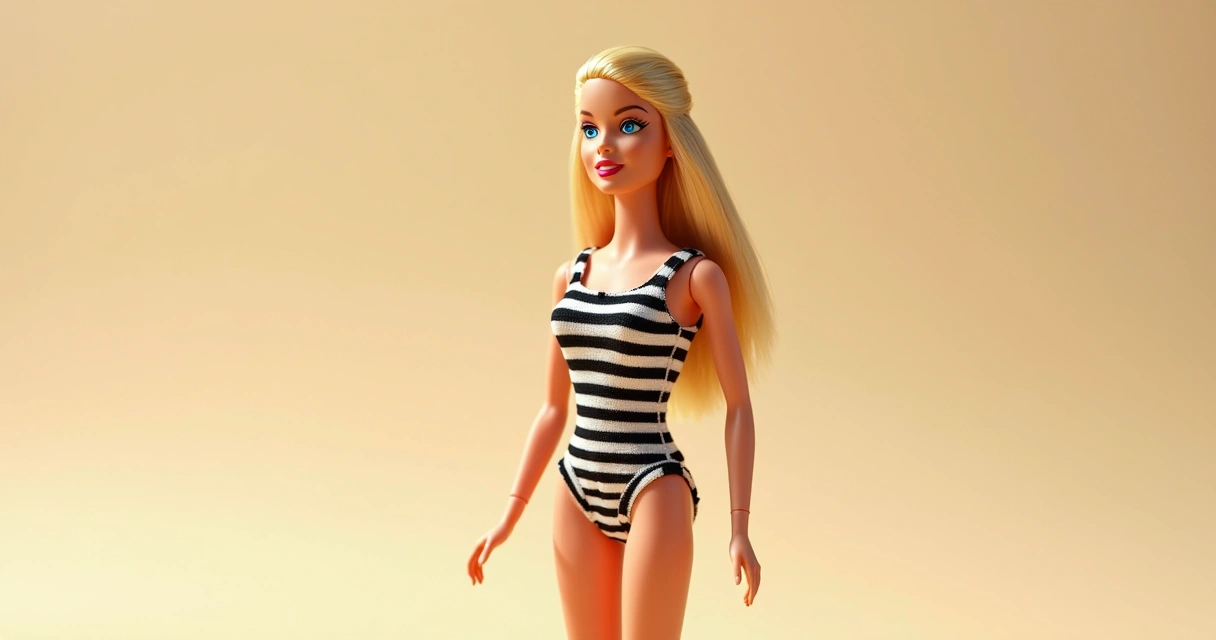 Primeira boneca Barbie vestida com maiô listrado preto e branco, inspirada nos anos 1950 