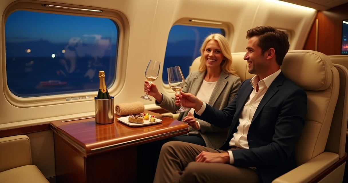 Casal brindando com champanhe em cabine de primeira classe em voo noturno 