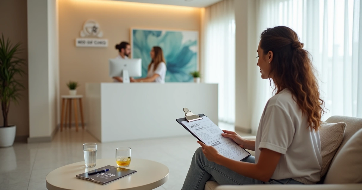 Paciente em recepção de clínica de estética se preparando para primeira avaliação 