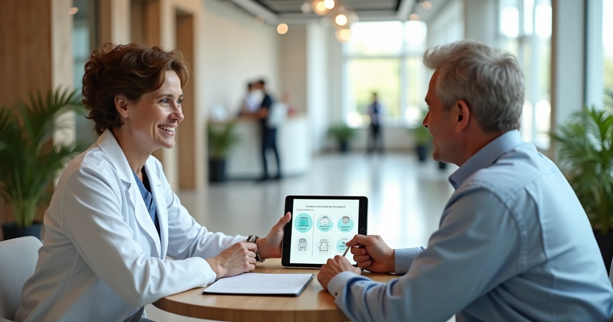 Dentista e paciente revisando passo a passo da consulta para prótese flexível em tablet 
