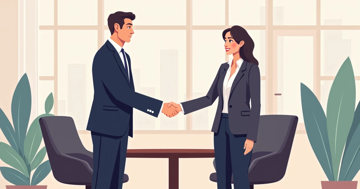 Profissionais trocando apertos de mão, blazer e terno em destaque