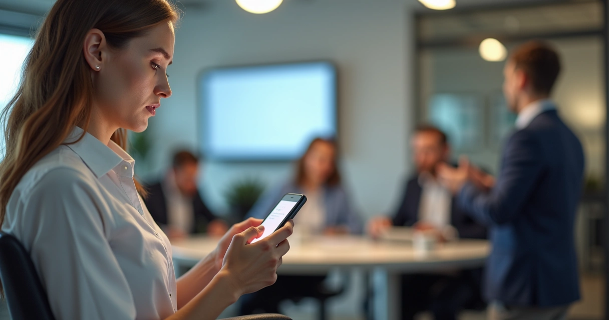 Pessoa com expressão desconfiada lendo mensagem de vendas no celular