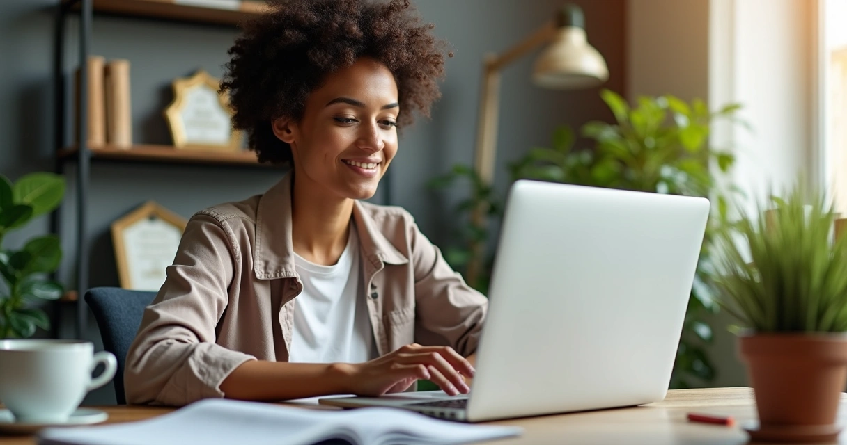 Profissional em videoconferência na mesa com notebook e documentos